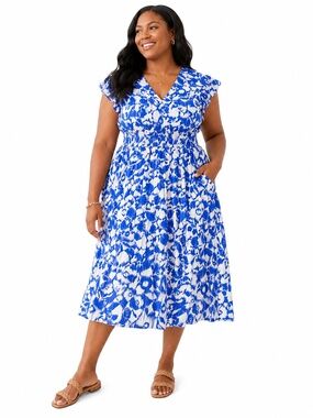 Sonoma 2X Blue White Floral Midi Dress Boho Smocked Waist